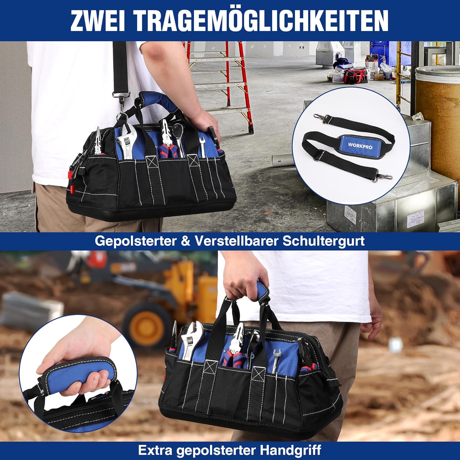 ⚡ Elektro & Technik – WORKPRO 16-Zoll-Werkzeugtaschen-Organizer, harter Boden, weit offener Mund, robuste Mehrzweck-Werkzeugtasche mit verstellbarem Schultergurt – Bild 6