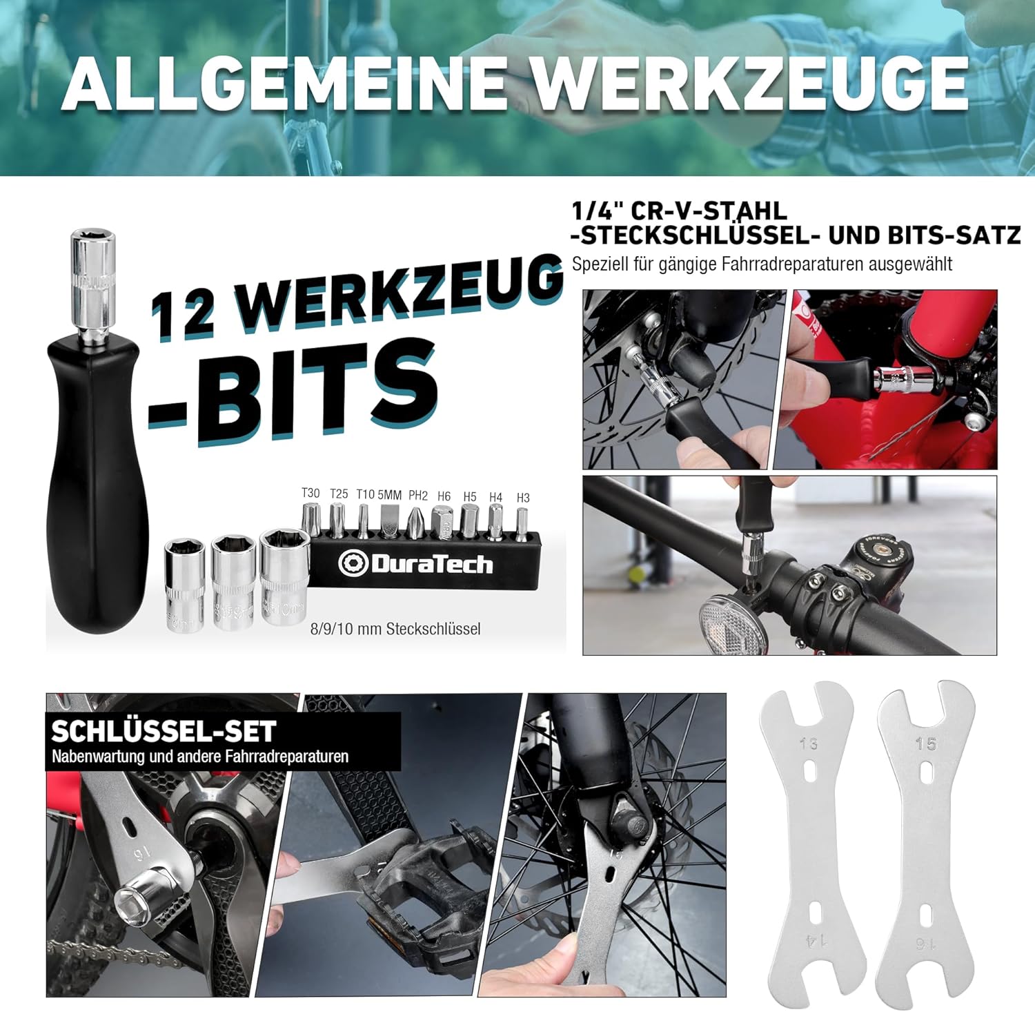 ⚒️ Bau & Montage – DURATECH Fahrradreparaturset 31-teilig mit Werkzeugkasten, tragbares Fahrradwerkzeugset für Fahrradkettenpedal-Reifenmontagereparaturen – Bild 9