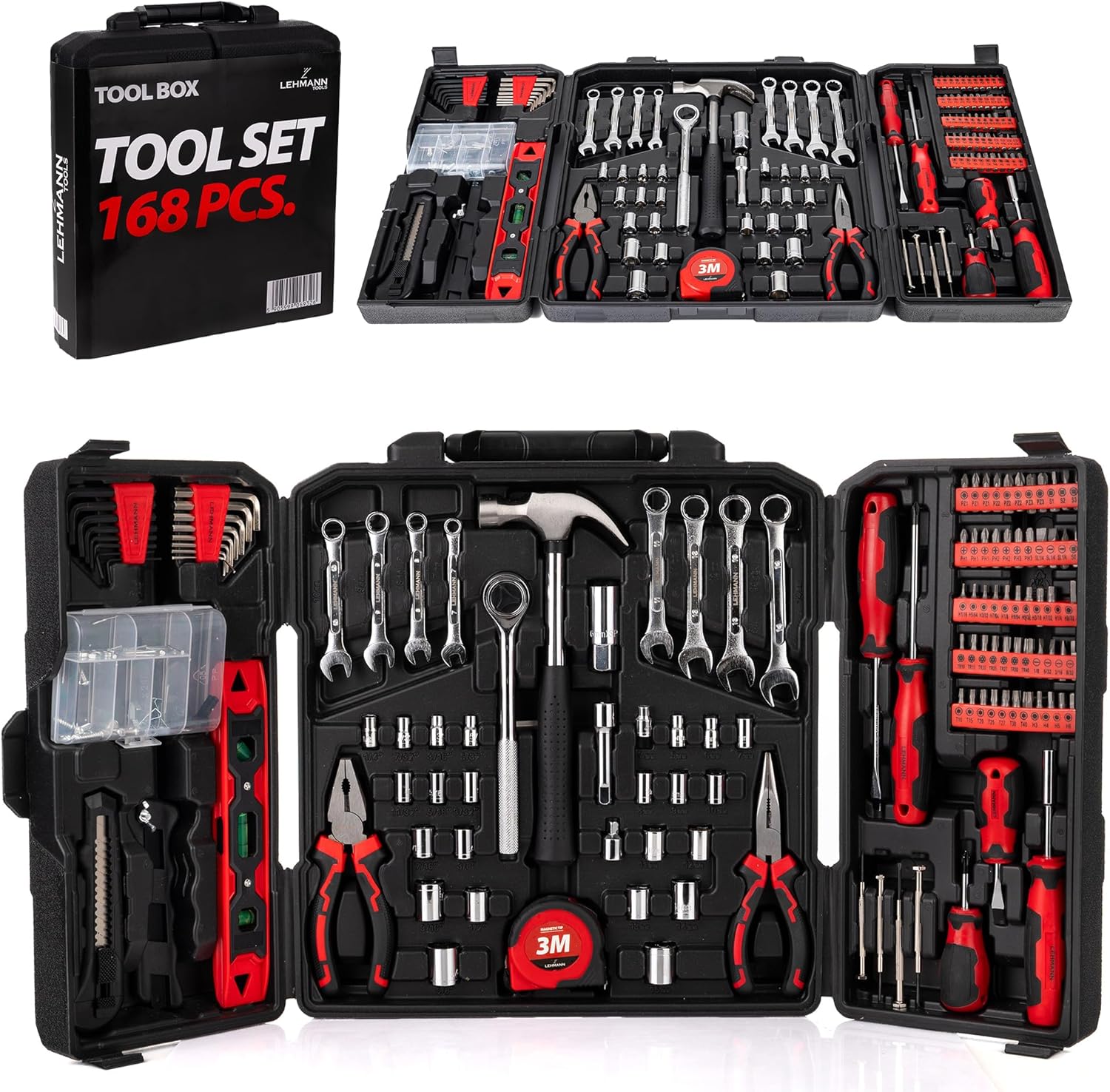🔥 Angebote & Aktionen – LEHMANN Filled Tool Box - 168-Piece Tool Set - Robust Tool Box with Carry Handle - Tools with Rubberised Handle - Complete Tool Set Ideal for Workshop and Home