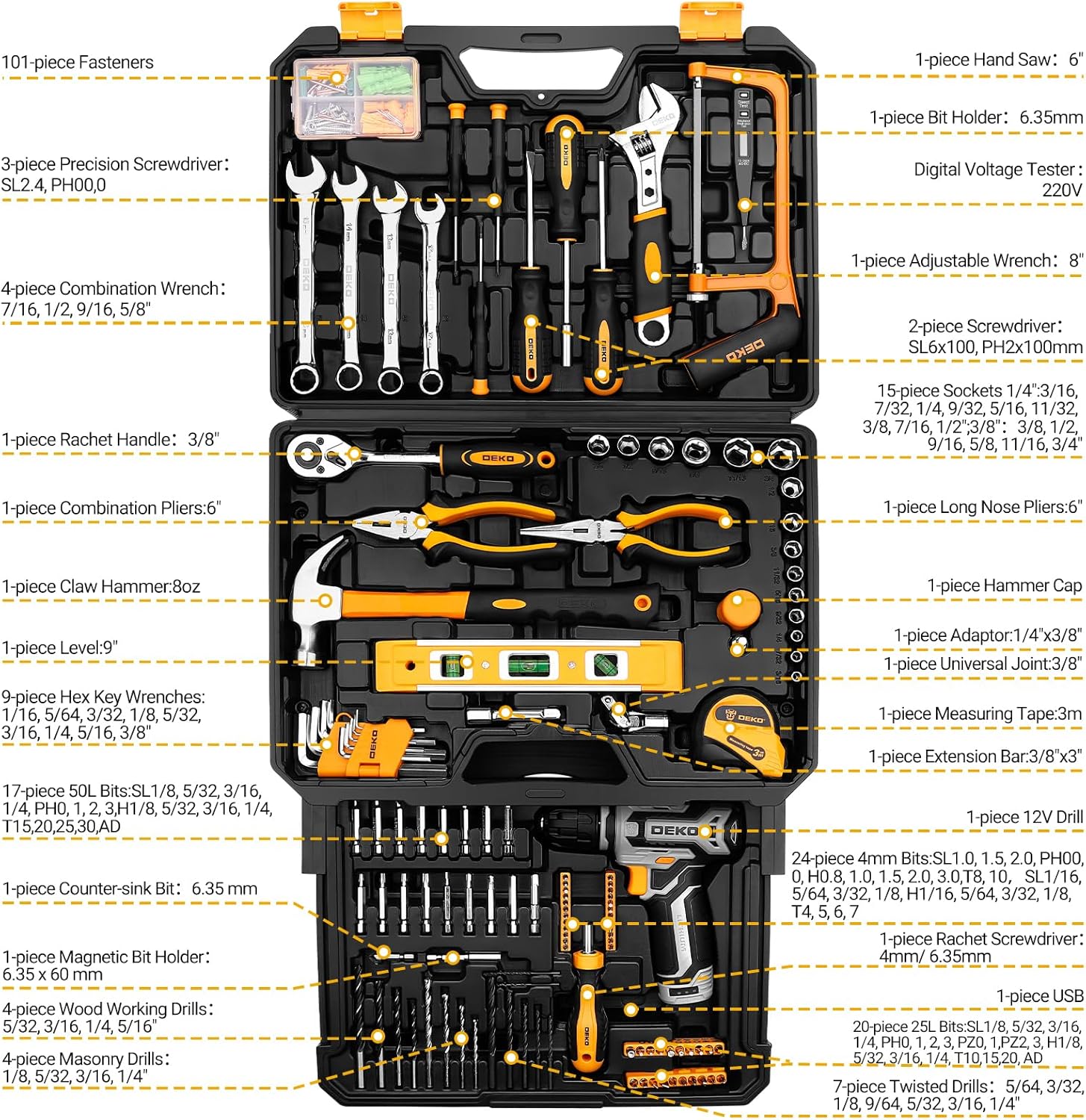 🔥 Angebote & Aktionen – Tool Box Filled with Cordless Screwdriver: DEKO 238 Pieces Tool Set with Drawer Design, 12 V Cordless Drill, Ratchet Wrench Set for DIY, Household, Car, Furniture Assembly – Bild 2