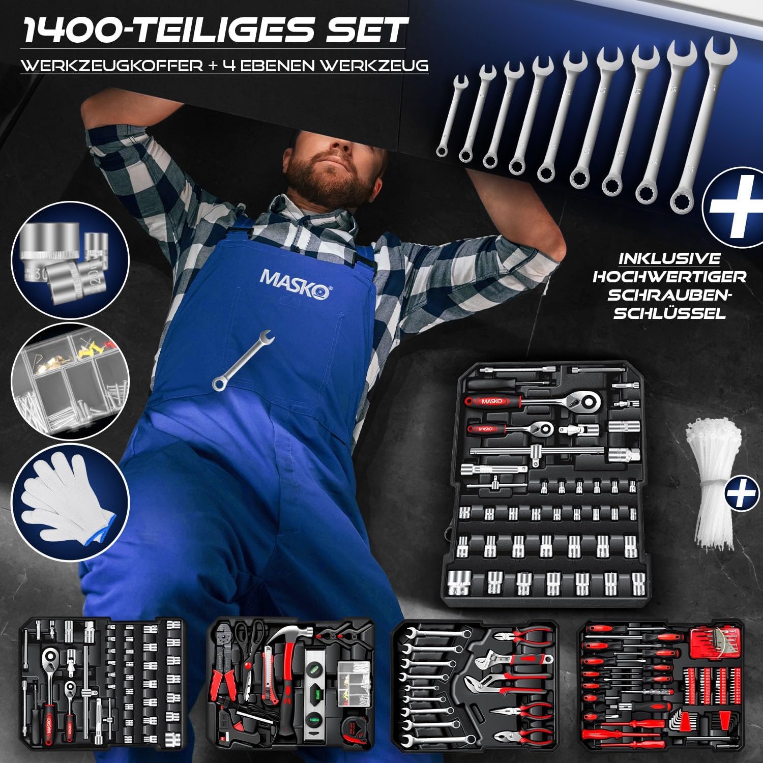 🔥 Angebote & Aktionen – MASKO Tool Box 1400 Pieces Filled | Tool Set in Aluminium Case | Tool Box with Wheels | Tool Box Household, Home, Hobby, Car | Trolley Function | Tool Trolley Hand Tool – Bild 6