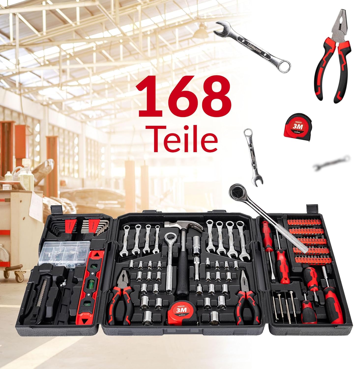 🔥 Angebote & Aktionen – LEHMANN Filled Tool Box - 168-Piece Tool Set - Robust Tool Box with Carry Handle - Tools with Rubberised Handle - Complete Tool Set Ideal for Workshop and Home – Bild 3