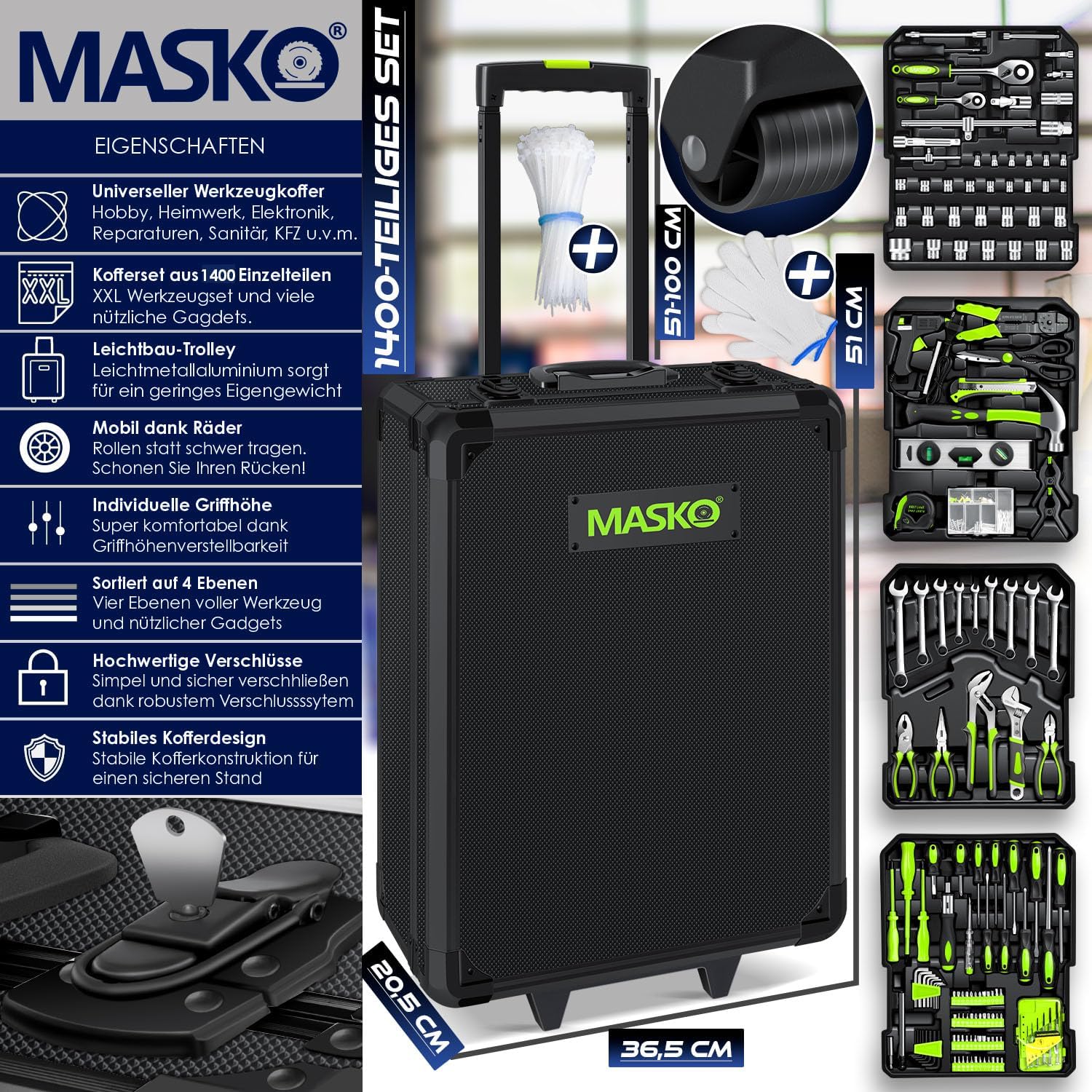 ⚡ Elektro & Technik – MASKO Werkzeugkoffer 1400 Teile gefüllt | Werkzeugset im Aluminiumkoffer | Werkzeugkasten mit Rollen | Werkzeugkasten Haushalt, Haus, Hobby, Auto | Trolley-Funktion | Professioneller Werkzeugwagen für Handwerkzeuge – Bild 2