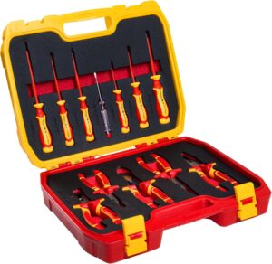 ⚡ Elektro & Technik – HÖGERT TECHNIK 12-teiliges Elektriker-Werkzeugset, isolierter 1000-V-Handschraubendreher, Schlitz- und Kreuzschraubendreher, Zange, Spannungsprüfer, Kunststoffkoffer, Werkzeugset
