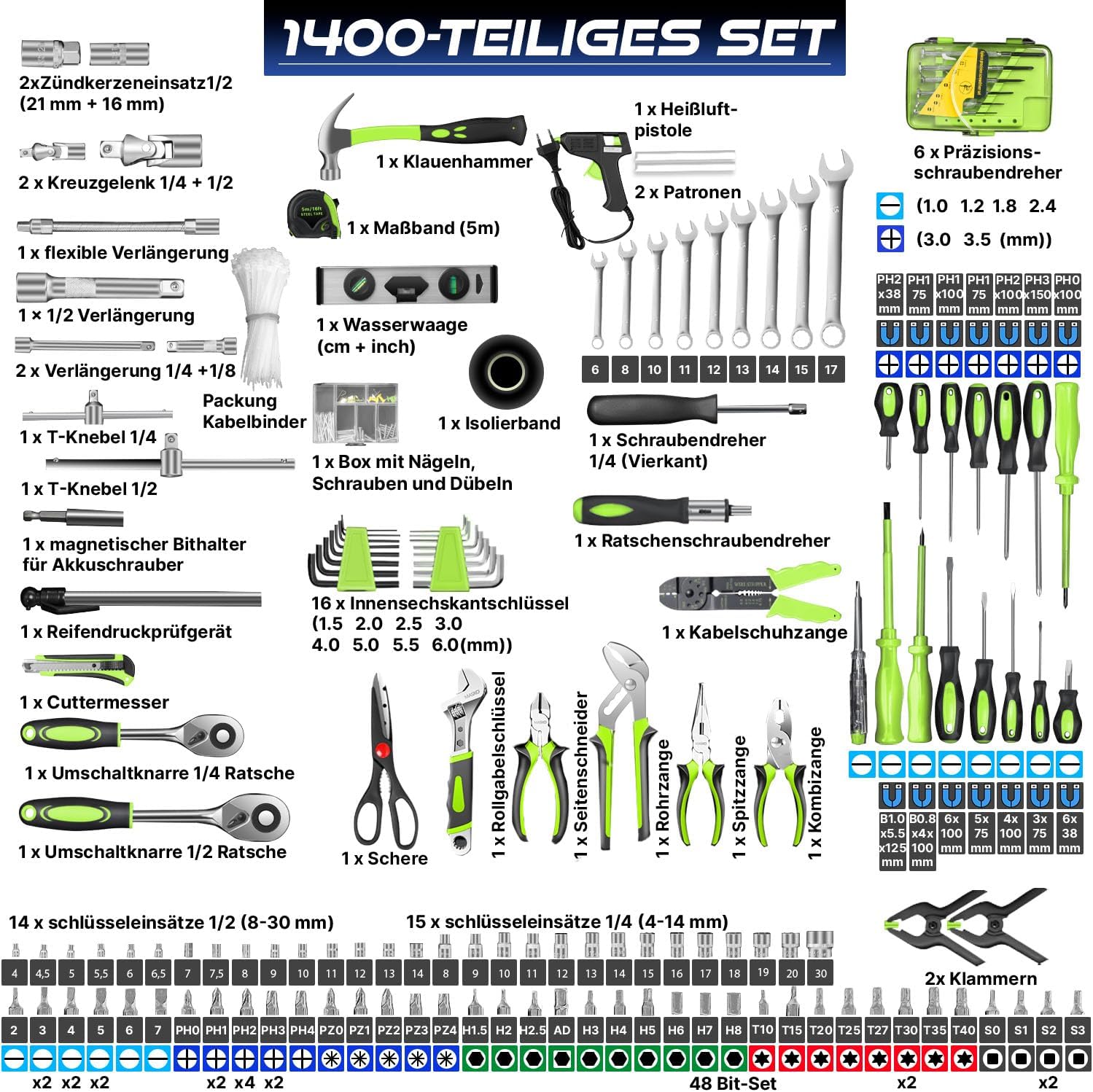 ⚡ Elektro & Technik – MASKO Werkzeugkoffer 1400 Teile gefüllt | Werkzeugset im Aluminiumkoffer | Werkzeugkasten mit Rollen | Werkzeugkasten Haushalt, Haus, Hobby, Auto | Trolley-Funktion | Professioneller Werkzeugwagen für Handwerkzeuge – Bild 3