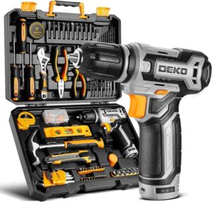 ⚡ Elektro & Technik – DEKO Gefüllter Werkzeugkoffer, 133-teiliges Werkzeugset für Reparaturen im Haushalt und Heimwerker, mit Bohrmaschine 12 V Akkuschrauber, Bohren und Anziehen/Lösen von Schrauben, Grau