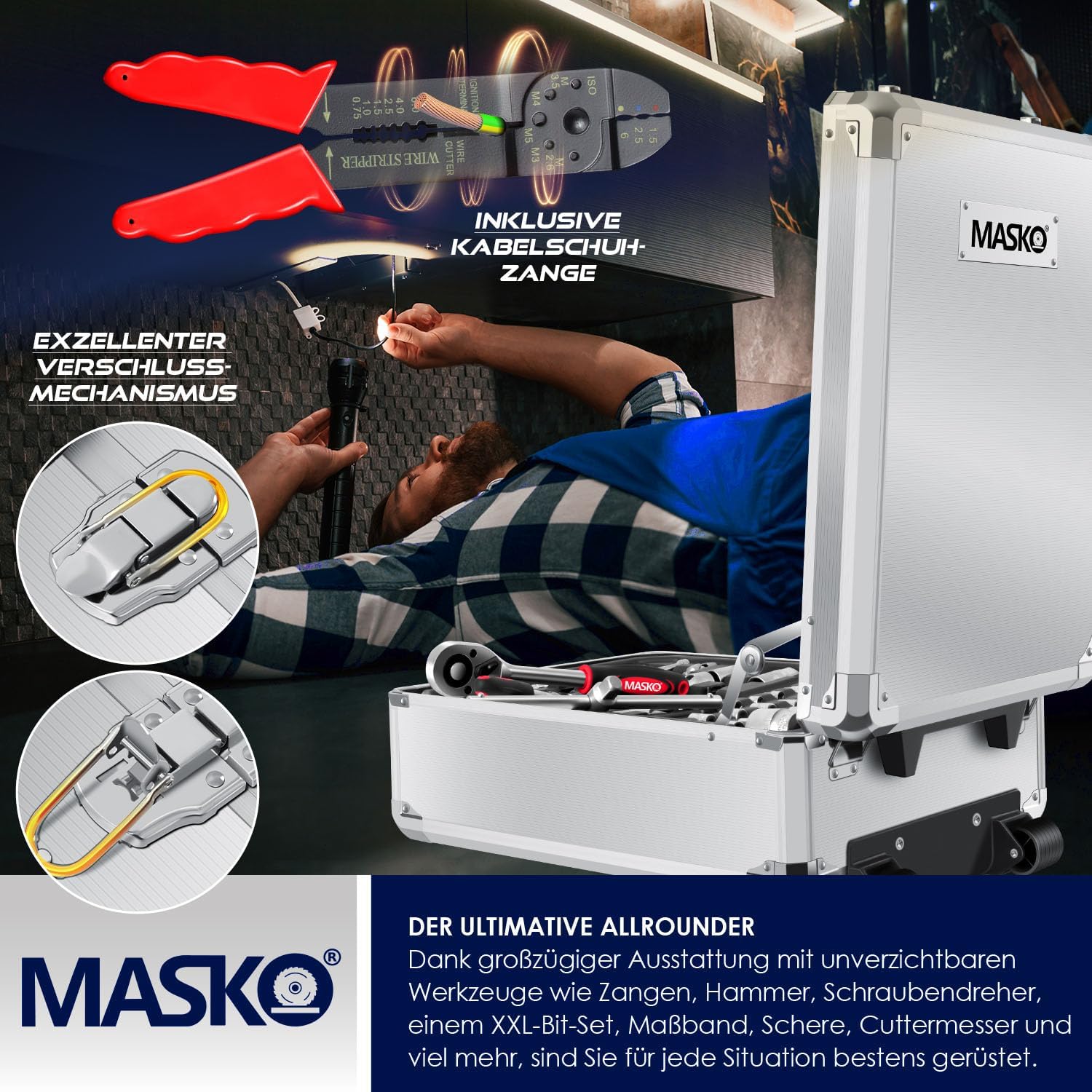 🔥 Angebote & Aktionen – MASKO Tool Box 1400 Pieces Filled | Tool Set in Aluminium Case | Tool Box with Wheels | Tool Box Household, Home, Hobby, Car | Trolley Function | Tool Trolley Hand Tool – Bild 4