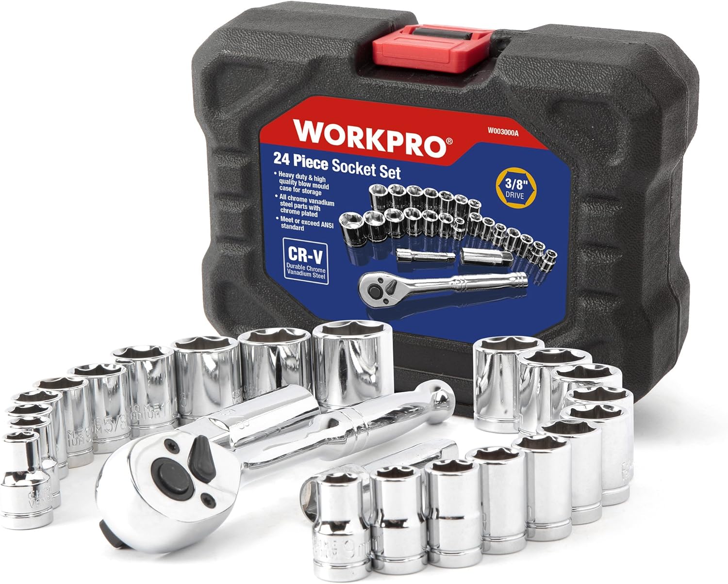 🚗 KFZ & Werkstatt – WORKPRO Socket Spanner Set 3/8 Inch Reversible Ratchet with Socket Spanner (Metric & Inches) incl. Tool Box, 24 Pieces