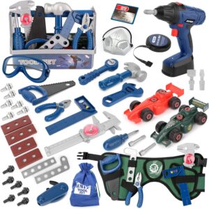 ⚒️ Bau & Montage – Vanplay Spielzeug ab 3 Jahren, Kinder-Werkzeugkasten mit Werkzeugkasten, Maßband, Montageauto, Bohrer, Werkzeuggürtel, STEM-Spielzeug für Kinder 3-7 Jungen Mädchen (87 Teile)