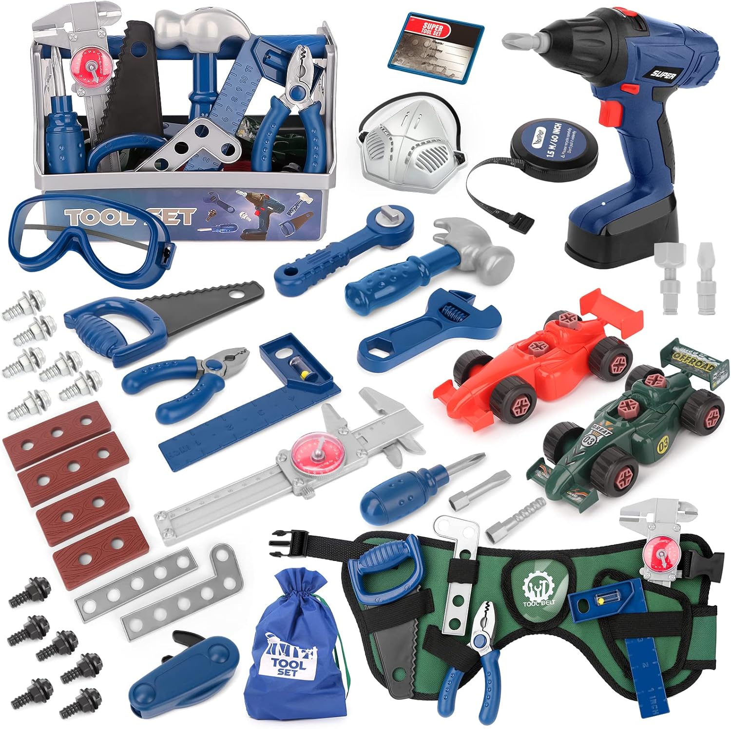 ⚒️ Bau & Montage – Vanplay Spielzeug ab 3 Jahren, Kinder-Werkzeugkasten mit Werkzeugkasten, Maßband, Montageauto, Bohrer, Werkzeuggürtel, STEM-Spielzeug für Kinder 3-7 Jungen Mädchen (87 Teile)