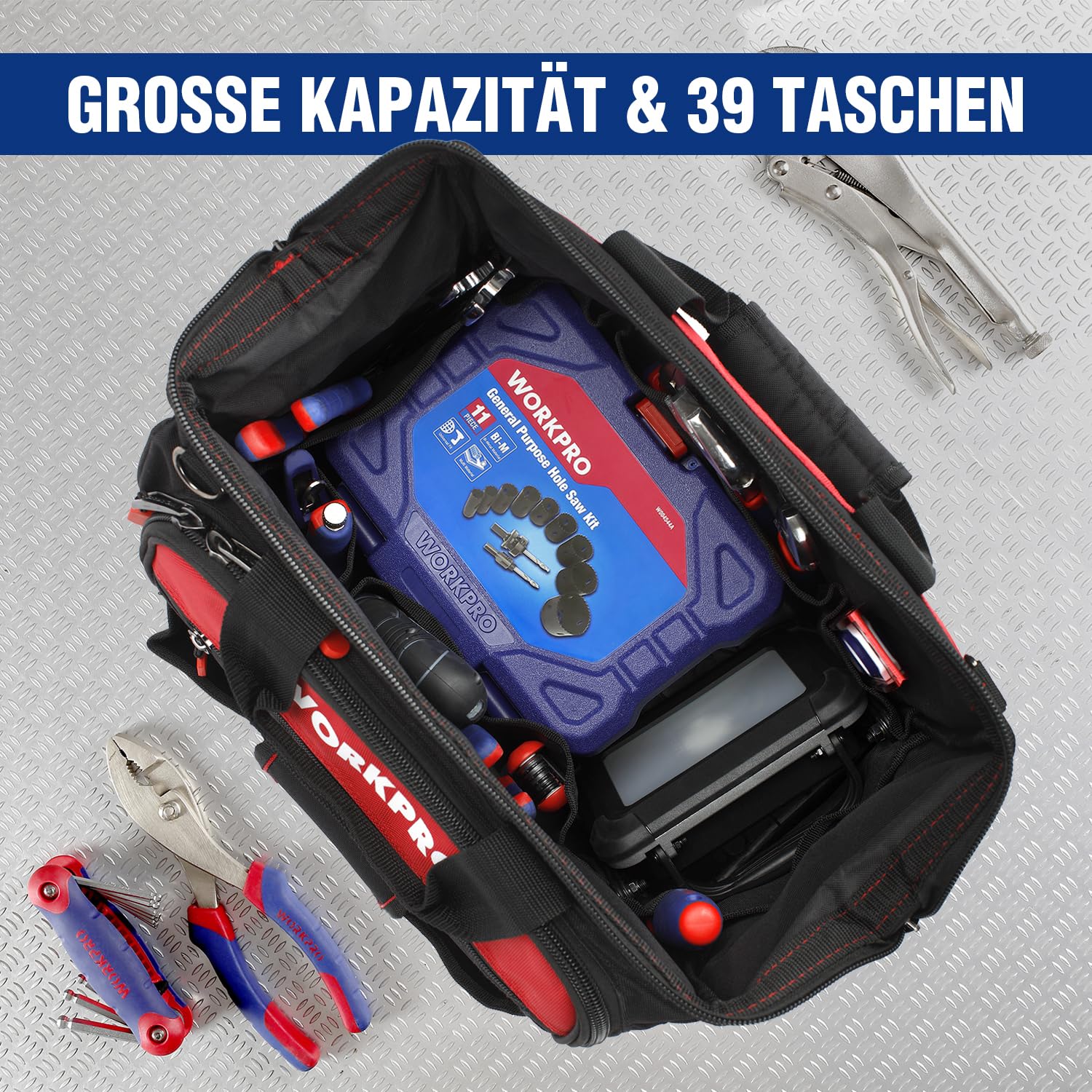 ⚡ Elektro & Technik – WORKPRO Elektriker-Werkzeugtasche, robustes 1680D-Polyester, mit breiter Reißverschlussöffnung, Tragegriff und verstellbarem Schultergurt, 42 x 25 x 34 cm – Bild 6
