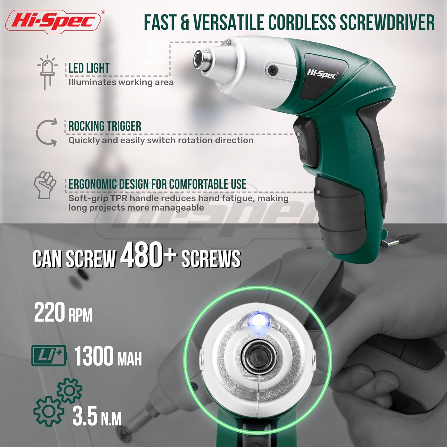 🔥 Angebote & Aktionen – Hi-Spec 19-Piece Green Tool Set with USB 3.6 V Cordless Screwdriver. Small Tool Set with Electric Screwdriver, Bit Set, Hammer, Pliers and More All in a Small Tool Box – Bild 3