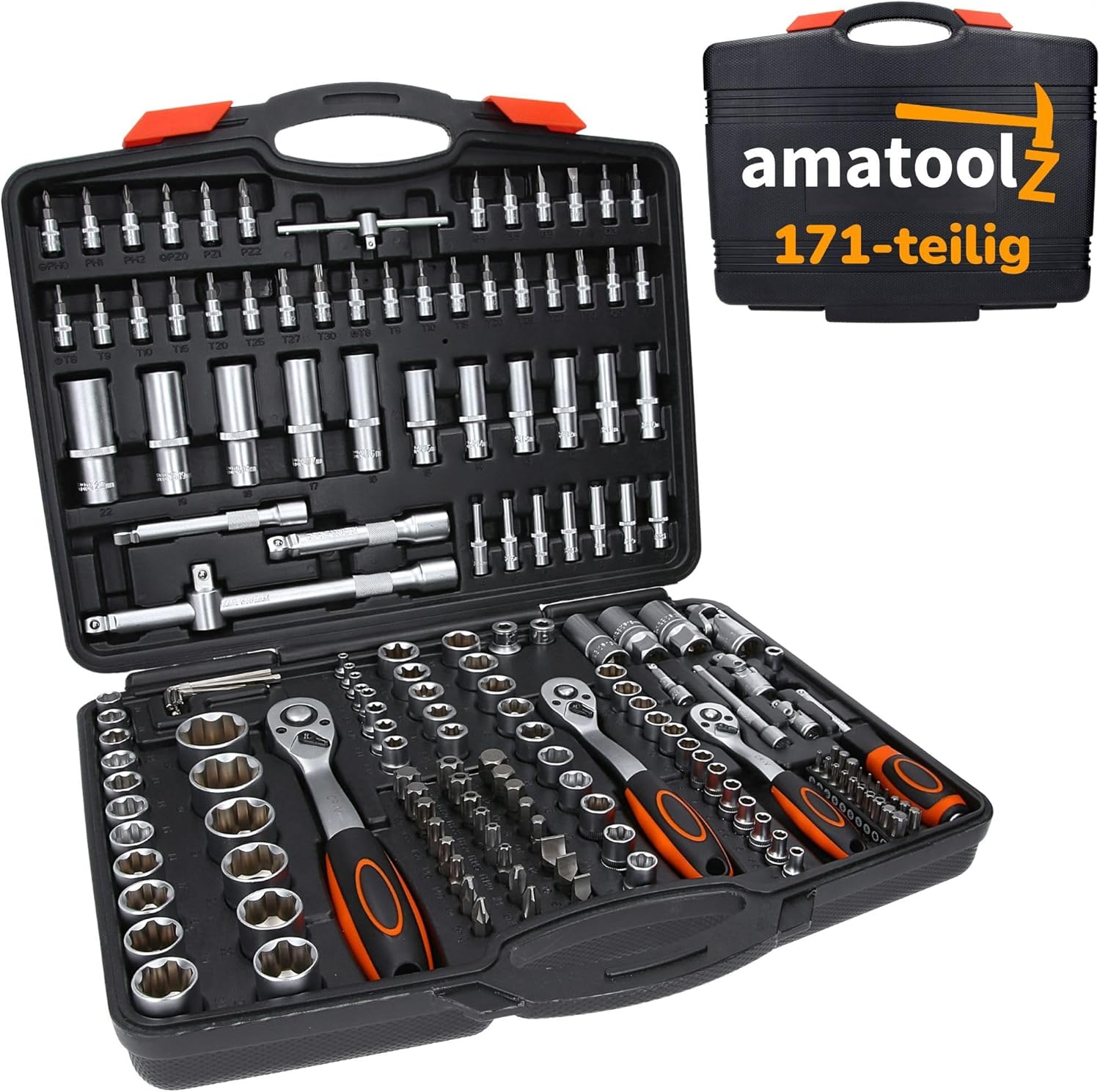 🚗 KFZ & Werkstatt – Ratchet Case 171 Pieces I Filled Tool Box I Ratchet Set Large I Ratchet Box 1/2 Inch 1/4 Inch 3/8 Inch I All Standard Bits and Nuts Included