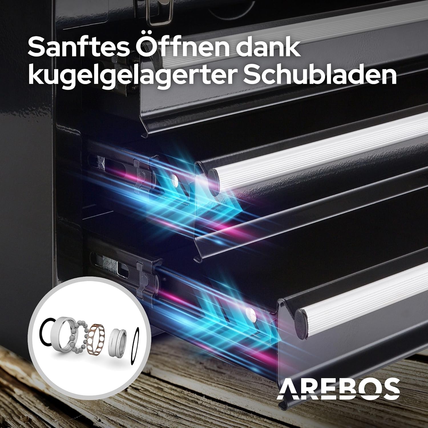 ⚒️ Bau & Montage – Arebos Werkzeugkasten mit 3 Schubladen und 2 Ablagefächern 52 x 22 x 30,5 cm | Abschließbarer Werkzeugkasten | Werkzeugkasten mit Tragegriff und Druckknöpfen | Rutschfeste Matten | Schwarz – Bild 4