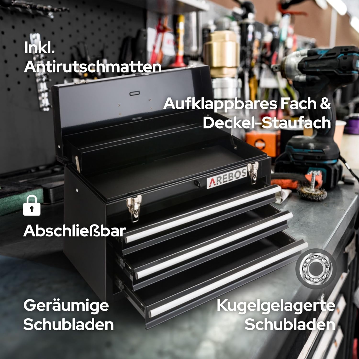 ⚒️ Bau & Montage – Arebos Werkzeugkasten mit 3 Schubladen und 2 Ablagefächern 52 x 22 x 30,5 cm | Abschließbarer Werkzeugkasten | Werkzeugkasten mit Tragegriff und Druckknöpfen | Rutschfeste Matten | Schwarz – Bild 2