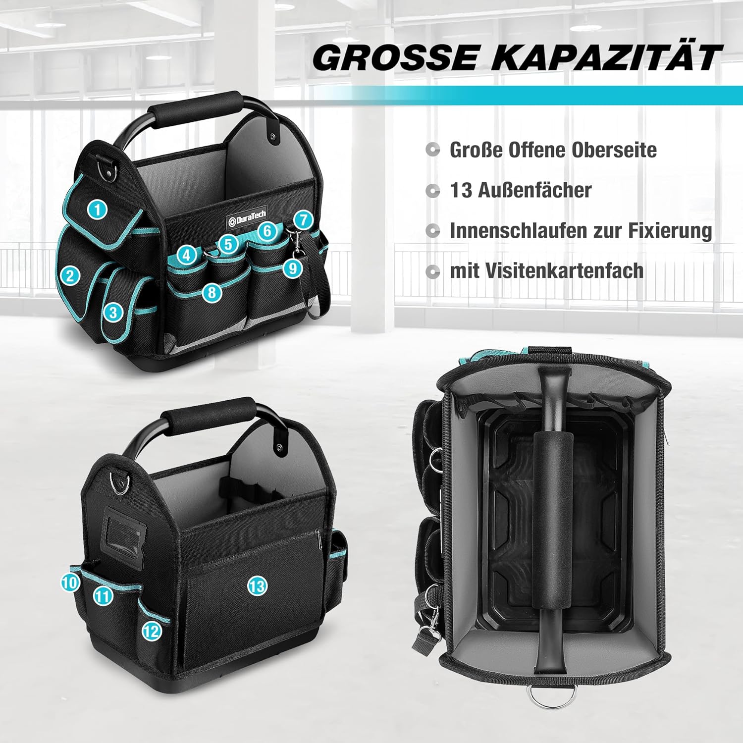 ⚡ Elektro & Technik – DURATECH Profi-Werkzeugtasche Elektriker, robuste Werkzeugtasche 30,5 cm mit wasserdichtem Boden und großer Öffnung, aus 900D-Polyester, großes Fassungsvermögen, mit Stahlrohr und verstellbarem Schultergurt – Bild 4
