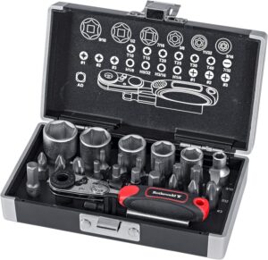 🚗 KFZ & Werkstatt – Mini Ratchet Set, Inch 26 Pieces, Motorcycle Inch Board Tool, Ratchet & Bit Set, Ideal for US Vehicles on Tours & Travel, Mini Tool Box Filled