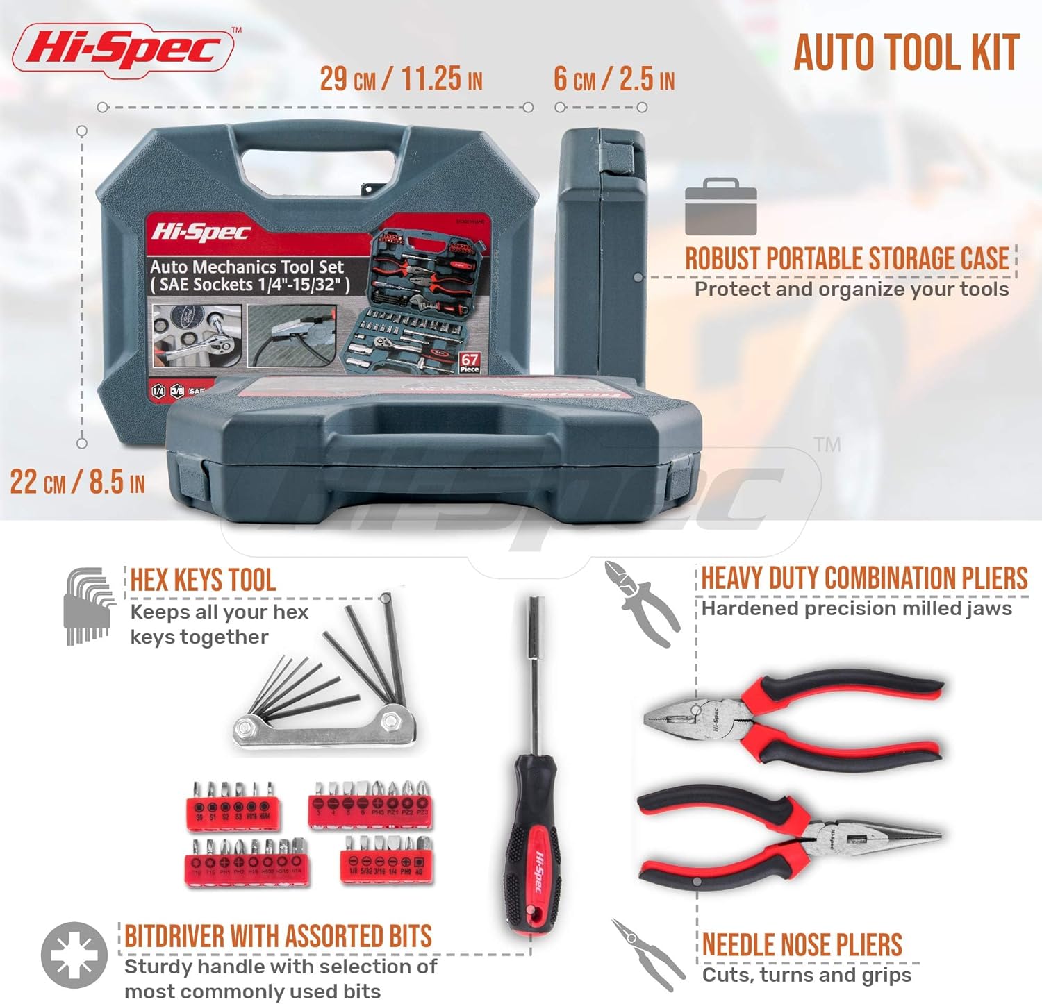 🚗 KFZ & Werkstatt – Hi-Spec Car Motorcycle Bike Scooter Tool Box - Filled with Ratchets 72 Teeth Socket Set Pliers and Screwdrivers - Car Repair Tool – Bild 4