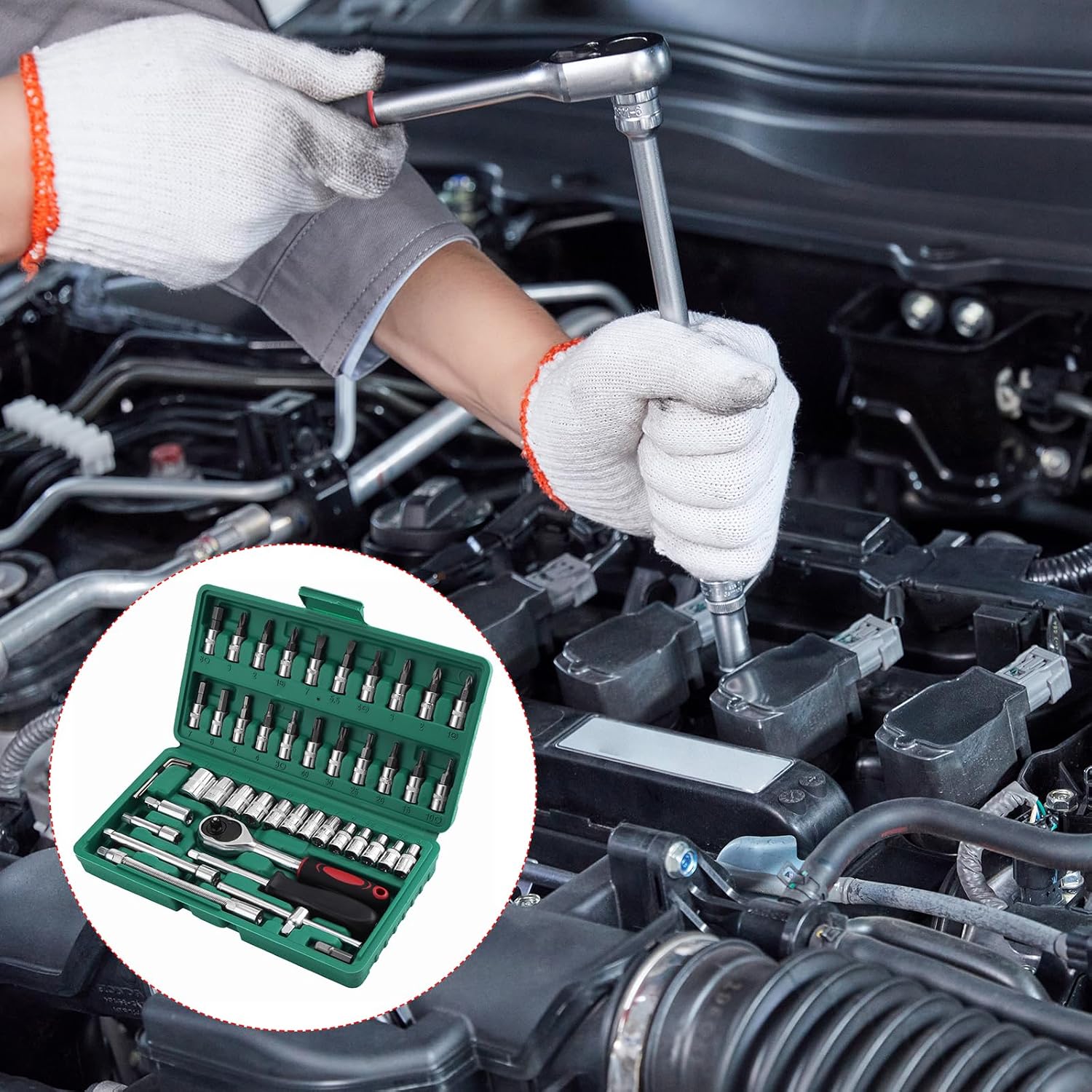 🚗 KFZ & Werkstatt – 46pcs Socket Spanner Set, Flexible Socket Set with Reversible Ratchet for Car Bicycle Motor (Colour of Toolbox is Random, Green or Black) – Bild 6