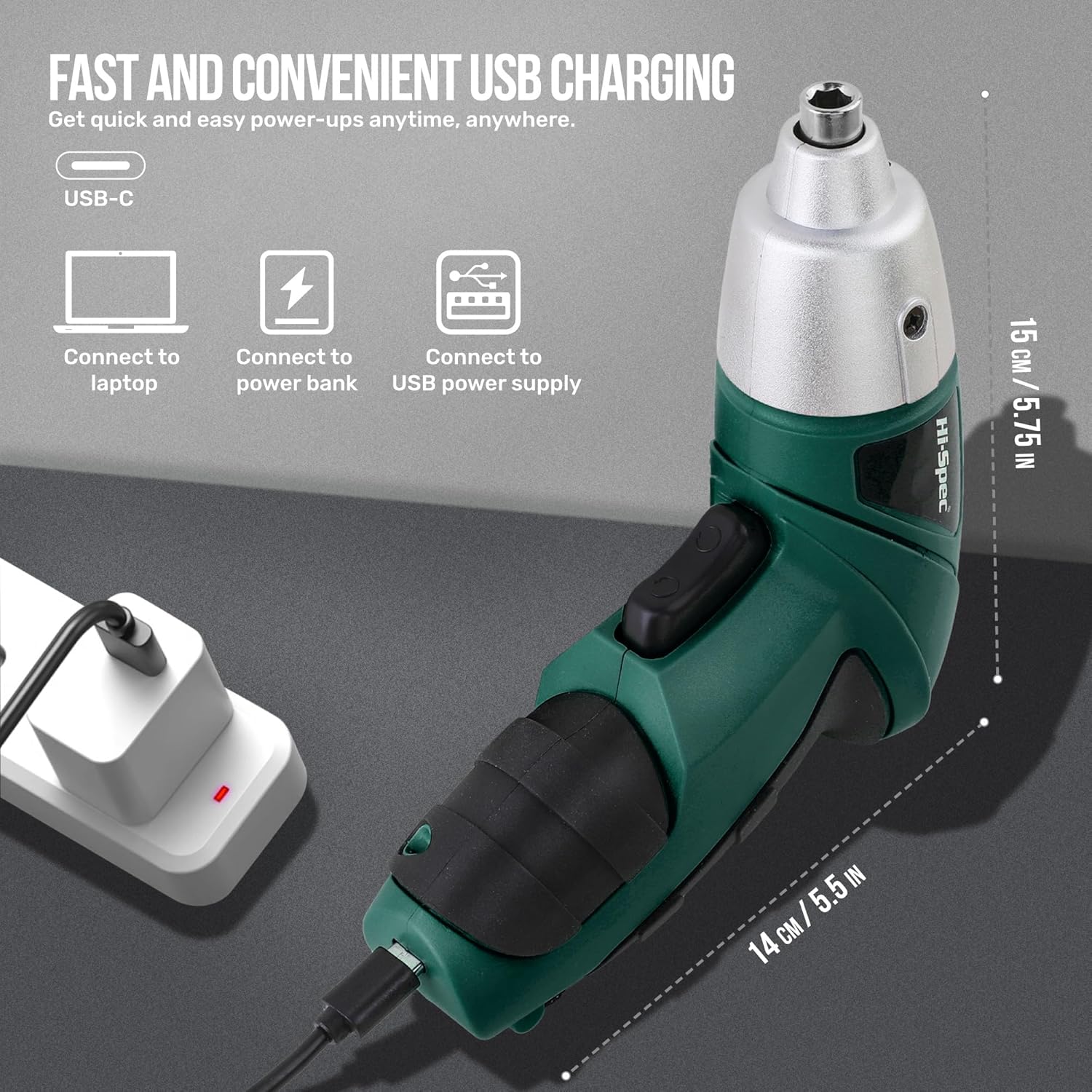🔥 Angebote & Aktionen – Hi-Spec 19-Piece Green Tool Set with USB 3.6 V Cordless Screwdriver. Small Tool Set with Electric Screwdriver, Bit Set, Hammer, Pliers and More All in a Small Tool Box – Bild 5