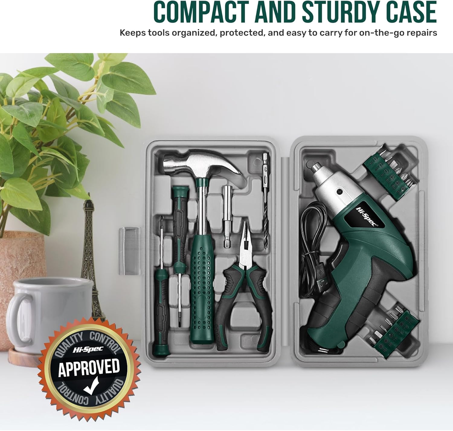 🔥 Angebote & Aktionen – Hi-Spec 19-Piece Green Tool Set with USB 3.6 V Cordless Screwdriver. Small Tool Set with Electric Screwdriver, Bit Set, Hammer, Pliers and More All in a Small Tool Box – Bild 7
