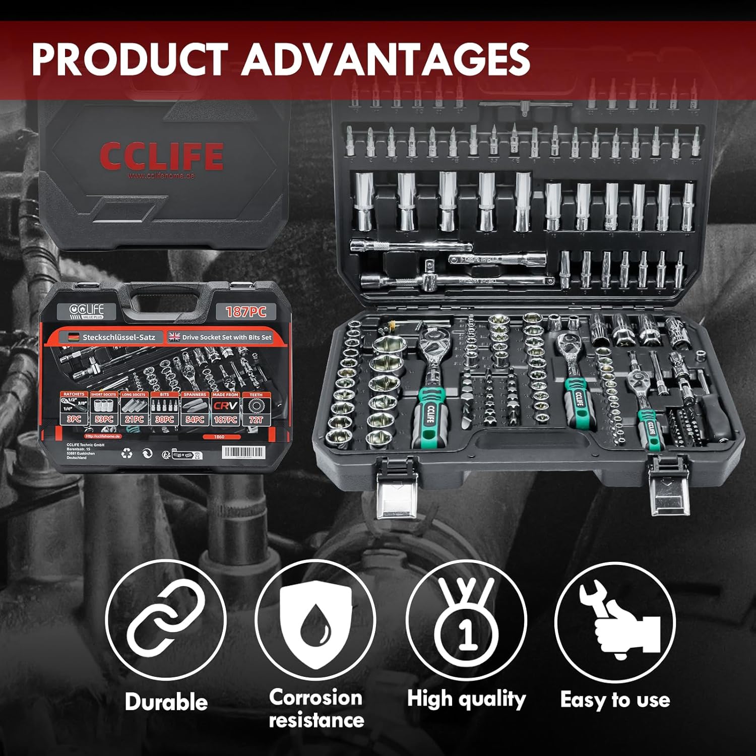🚗 KFZ & Werkstatt – CCLIFE 187-Piece Socket Spanner Set Cr-V Ratchet Case Tool Case 72 Teeth 1/2 Inch 1/4 Inch 3/8 Inch Hexagonal Socket Spanner Insert Torx Slotted Phillips Pozidrive Bit Socket Spanner Inserts – Bild 6
