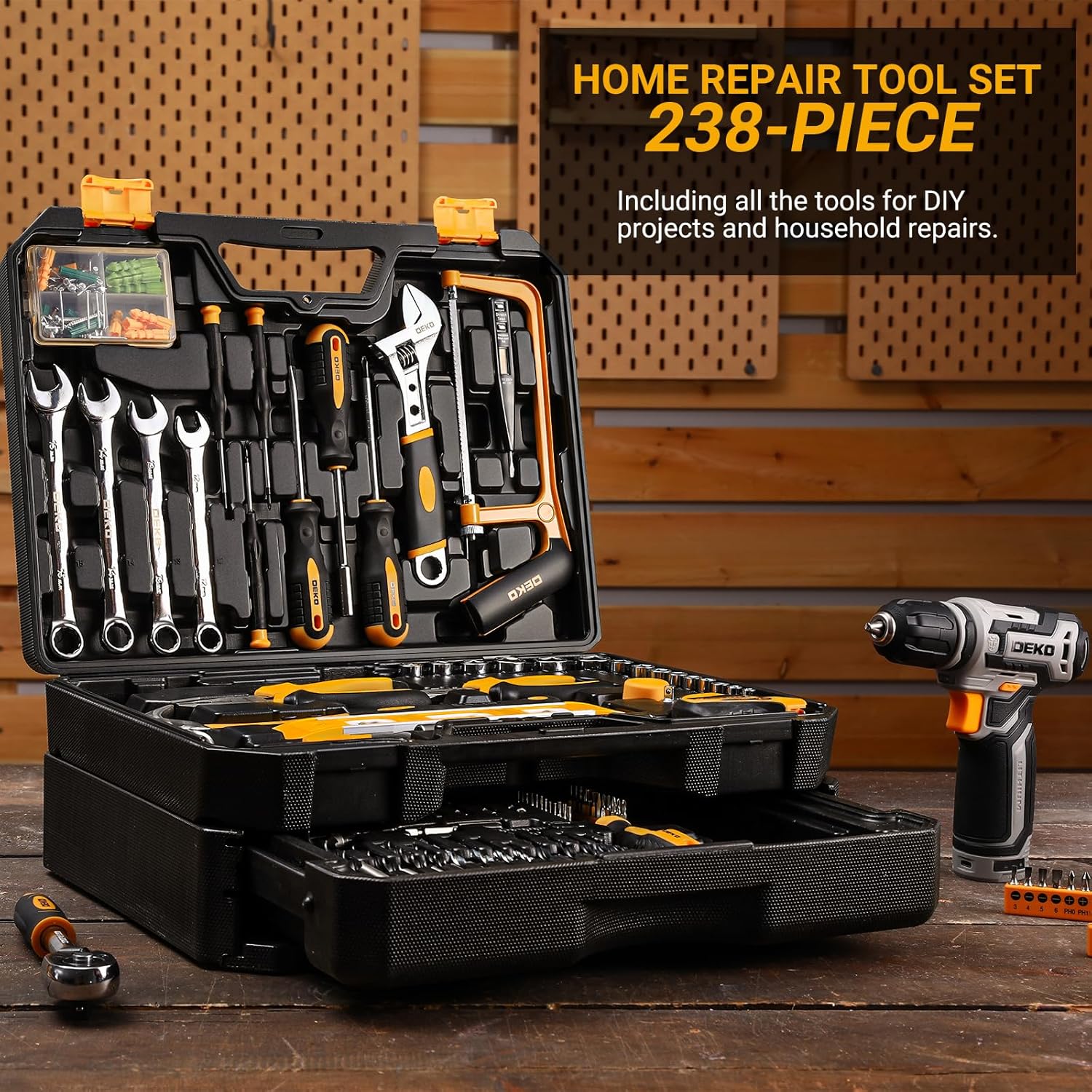 🔥 Angebote & Aktionen – Tool Box Filled with Cordless Screwdriver: DEKO 238 Pieces Tool Set with Drawer Design, 12 V Cordless Drill, Ratchet Wrench Set for DIY, Household, Car, Furniture Assembly – Bild 5