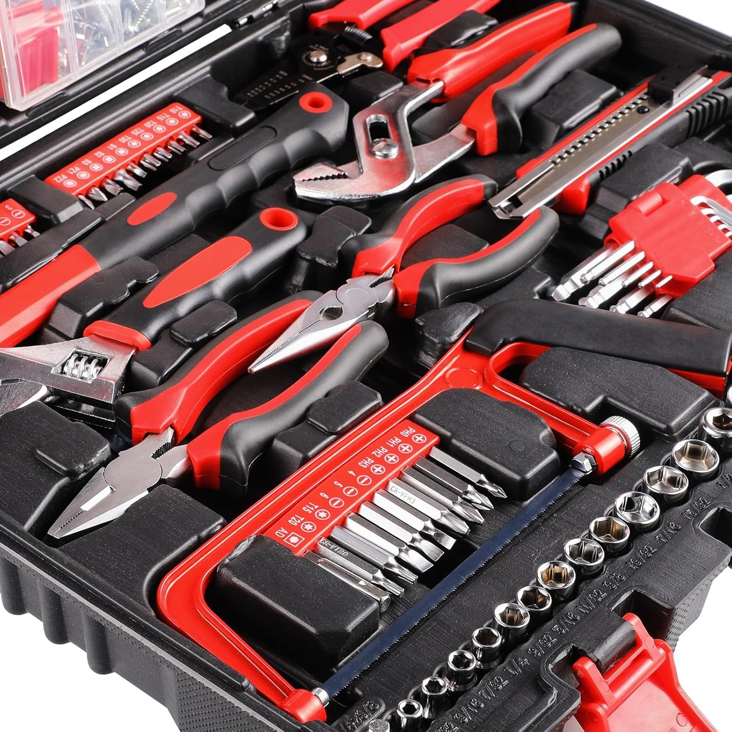🔥 Angebote & Aktionen – TLGREEN 198-Piece Filled Tool Box Household Tool Set with Ratchet Socket Wrench Set Screwdriver Universal Tool Sets Red – Bild 2