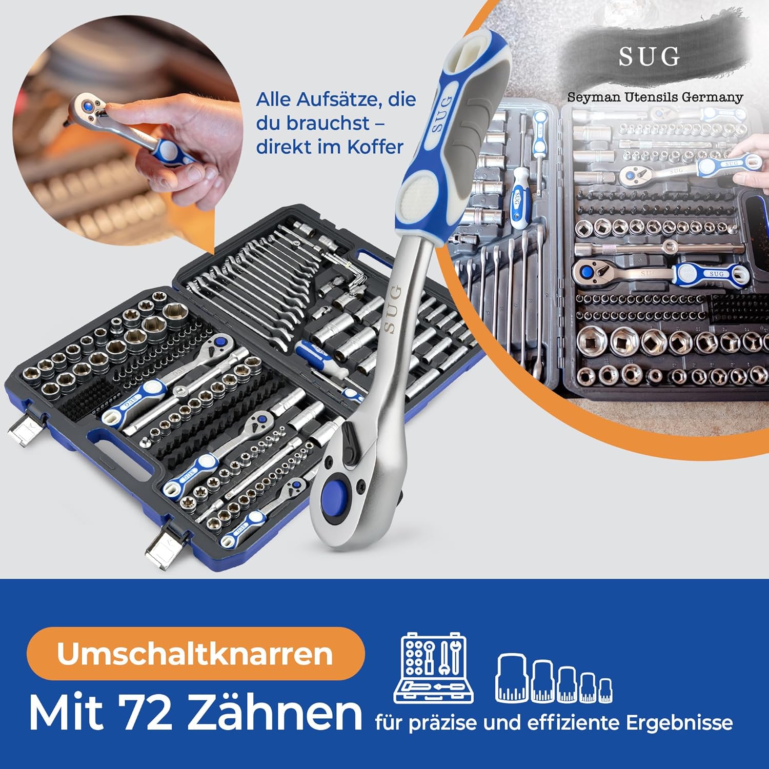 🚗 KFZ & Werkstatt – SUG - Tool Box Filled 216 Pieces - Professional Socket Set 1/2, 1/4, 3/8 Fully Equipped - Tool Box / Ratchet Box for Household and Workshop - Socket Set Nut Box Short and Long – Bild 2