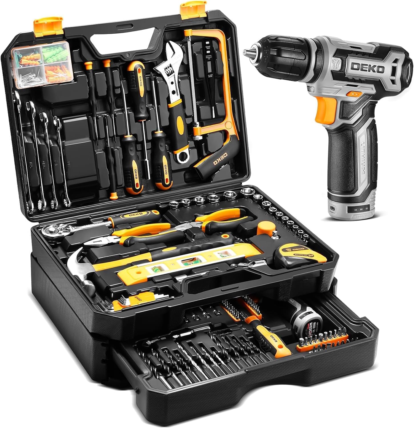 🔥 Angebote & Aktionen – Tool Box Filled with Cordless Screwdriver: DEKO 238 Pieces Tool Set with Drawer Design, 12 V Cordless Drill, Ratchet Wrench Set for DIY, Household, Car, Furniture Assembly – Bild 7