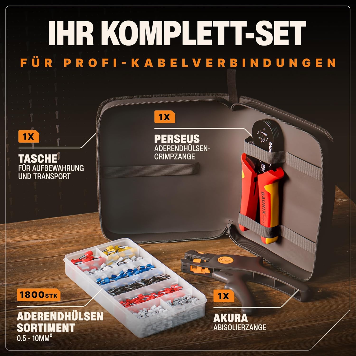 ⚡ Elektro & Technik – BAURIX® Crimpzangen-Set mit 1800er Aderendhülsen-Set und Abisolierzange, selbsteinstellend für 0,25-10 mm², Crimpzange, Modell: Perseus (4-kant) – Bild 2
