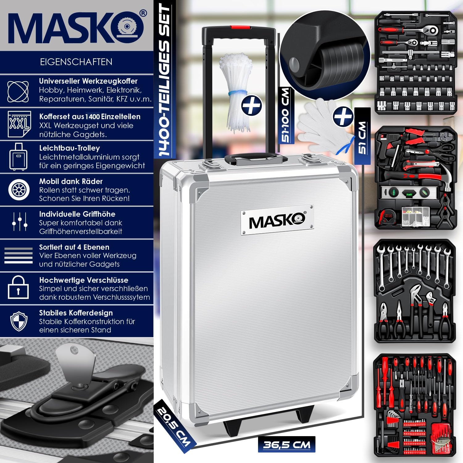 🔥 Angebote & Aktionen – MASKO Tool Box 1400 Pieces Filled | Tool Set in Aluminium Case | Tool Box with Wheels | Tool Box Household, Home, Hobby, Car | Trolley Function | Tool Trolley Hand Tool – Bild 2
