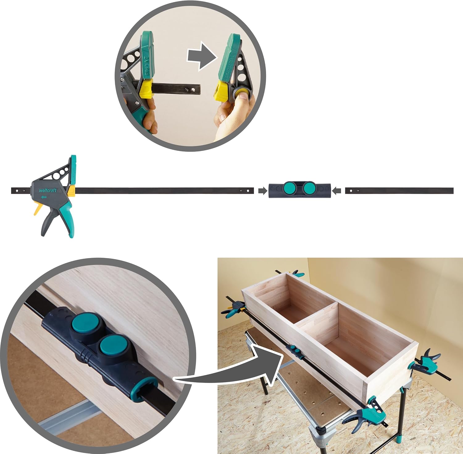 🔥 Angebote & Aktionen – wolfcraft XL 8624000 Single-Handed Clamps Set Flexible Spans of up to 1060 mm Clamping Force 120 kg 2 One-Handed Clamps PRO L + Connector – Bild 3