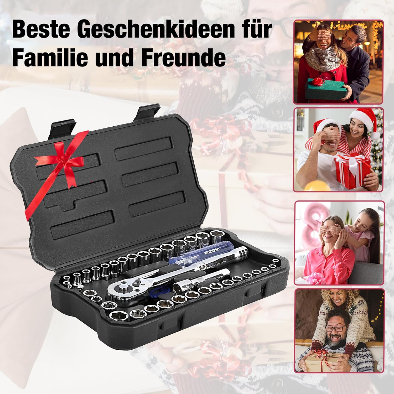 🚗 KFZ & Werkstatt – WORKPRO Socket Spanner Set 39 Pieces Reversible Ratchet 3/8 Inch Ratchet with Quick Release Function Cr-V Socket Spanner with Screwdriver Tool Box for Car – Bild 7