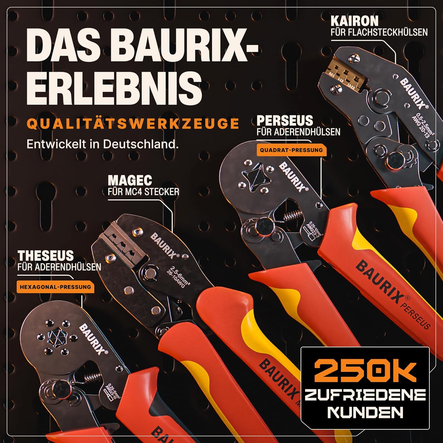 ⚡ Elektro & Technik – BAURIX® Crimpzangen-Set mit 1800er Aderendhülsen-Set und Abisolierzange, selbsteinstellend für 0,25-10 mm², Crimpzange, Modell: Perseus (4-kant) – Bild 7