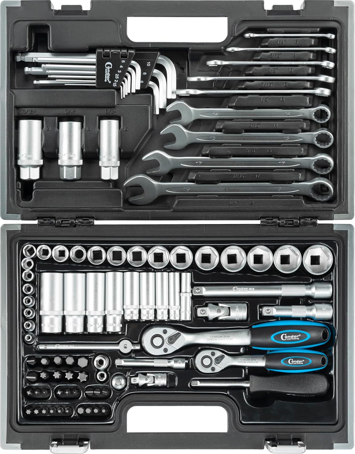🚗 KFZ & Werkstatt – Condor Werkzeug 1192 | Metric Socket Spanner Set I 92 Pieces | 1/4 + 3/8 Inch | Hexagonal Metric | SW 4-24 mm | Wrench | Nuts | Ratchets | Bits | Accessories – Bild 2