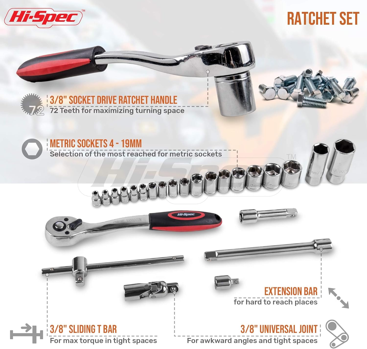 🚗 KFZ & Werkstatt – Hi-Spec Car Motorcycle Bike Scooter Tool Box - Filled with Ratchets 72 Teeth Socket Set Pliers and Screwdrivers - Car Repair Tool – Bild 3