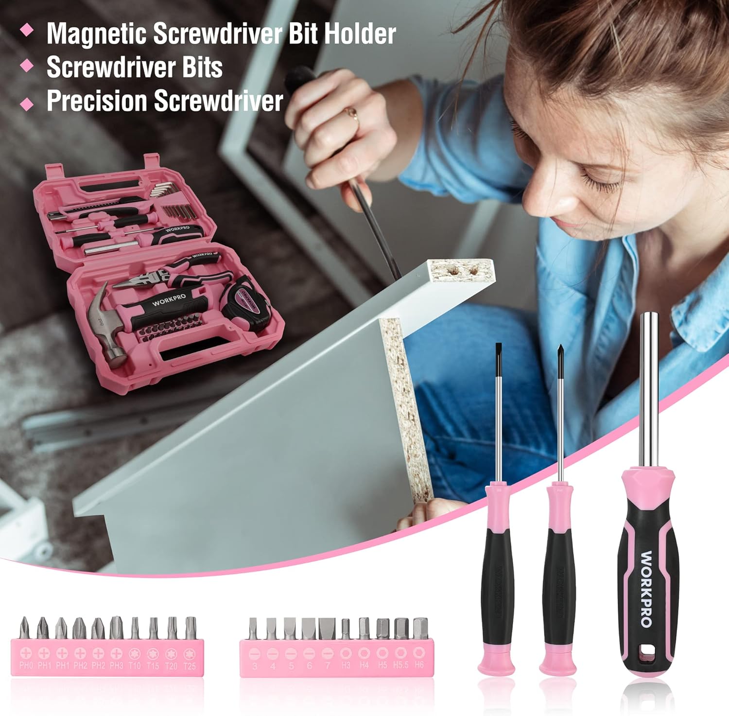 🔥 Angebote & Aktionen – WORKPRO Tool Set 35 Pieces Pink Tool Set, Tool Box, Equipped, Daily Tools, with Screwdriver, Pliers, Tape Measure, Allen Key for Home Supplies, Gift for DIY Beginners – Bild 3