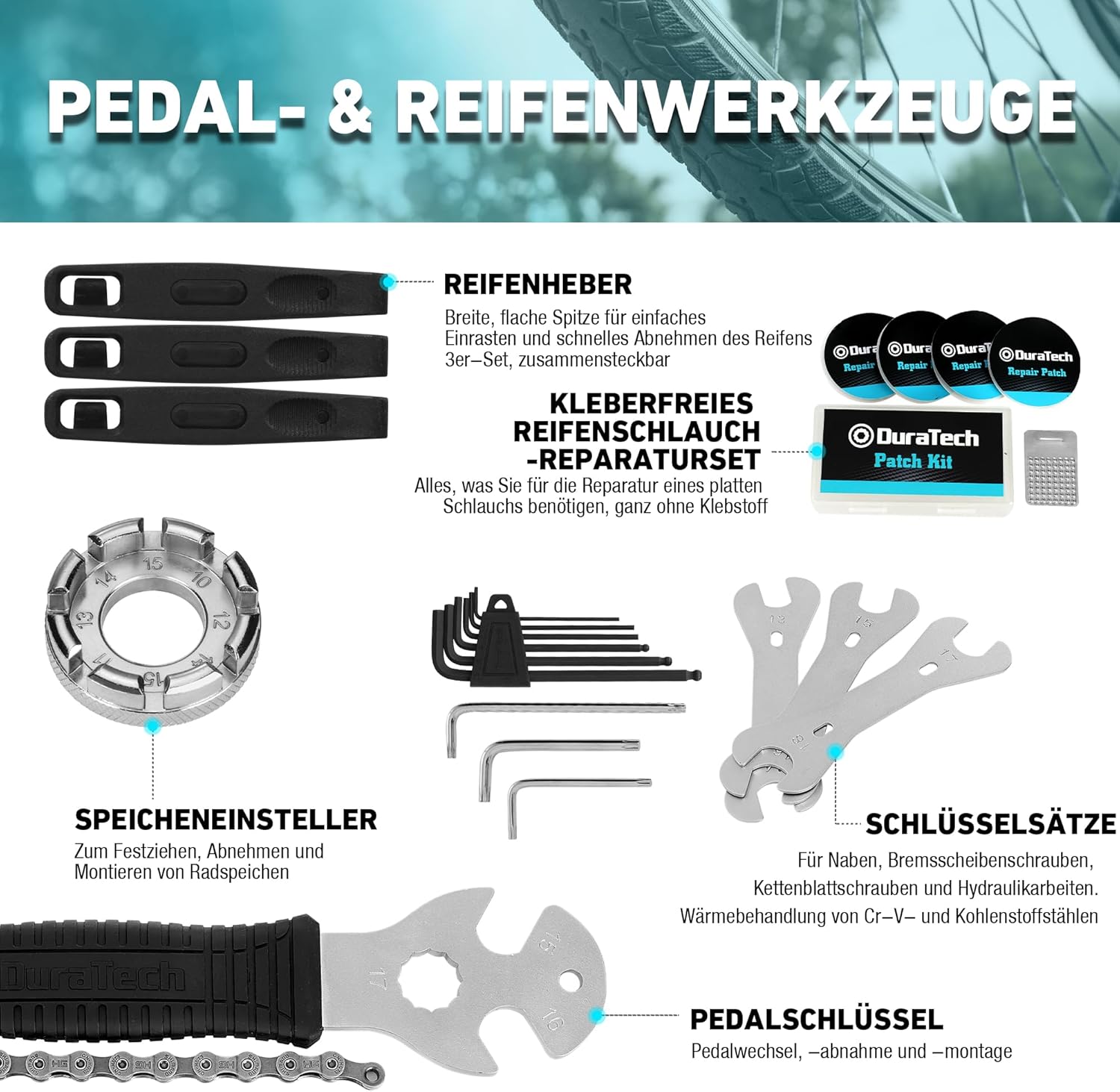⚒️ Bau & Montage – DURATECH Fahrrad-Reparaturset 41-teilig mit Werkzeugkasten, tragbares Fahrrad-Werkzeugset für Reparaturen an Fahrradreifen, Kettenpedalen – Bild 7