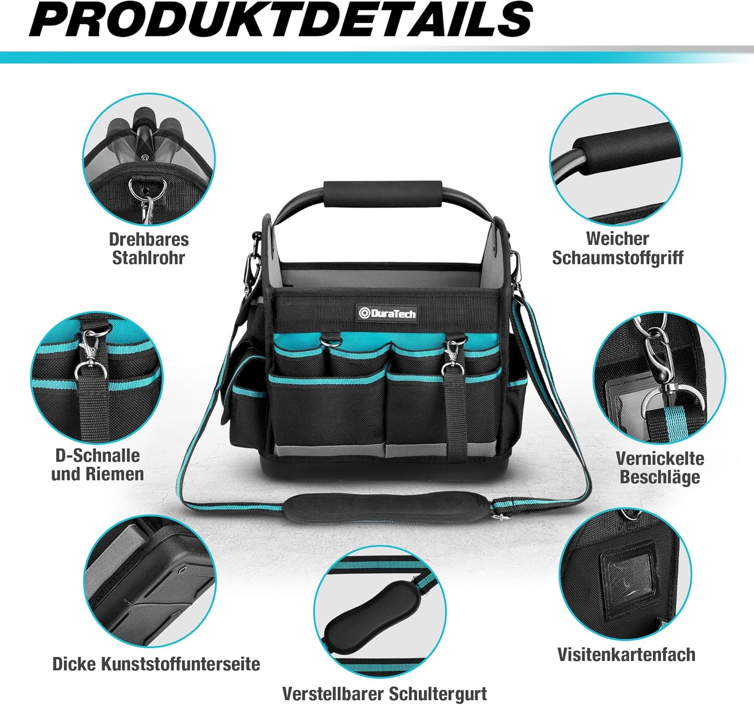 ⚡ Elektro & Technik – DURATECH Profi-Werkzeugtasche Elektriker, robuste Werkzeugtasche 30,5 cm mit wasserdichtem Boden und großer Öffnung, aus 900D-Polyester, großes Fassungsvermögen, mit Stahlrohr und verstellbarem Schultergurt – Bild 2