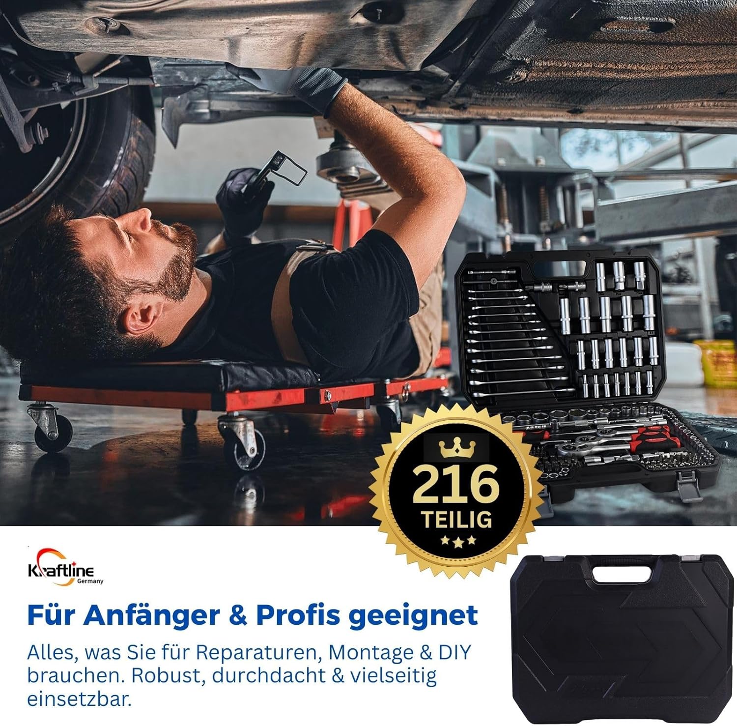 🚗 KFZ & Werkstatt – Tool Box Filled 216 Pieces, Tool Set Fully Equipped for DIY & Car, Tool Box Toolbox, Universal Tools, Stainless Steel Tool Sets for Workshop and Home in Black – Bild 6