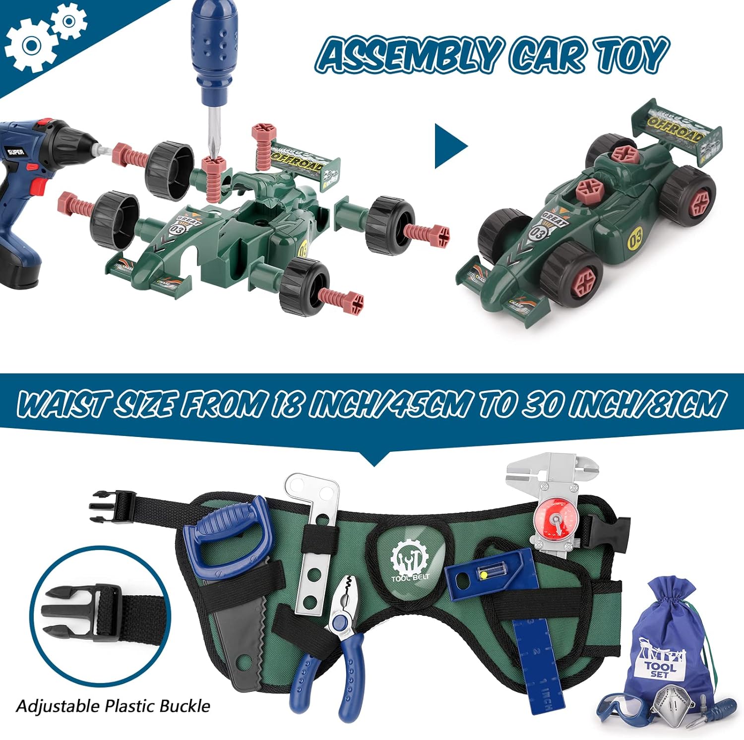 ⚒️ Bau & Montage – Vanplay Spielzeug ab 3 Jahren, Kinder-Werkzeugkasten mit Werkzeugkasten, Maßband, Montageauto, Bohrer, Werkzeuggürtel, STEM-Spielzeug für Kinder 3-7 Jungen Mädchen (87 Teile) – Bild 2
