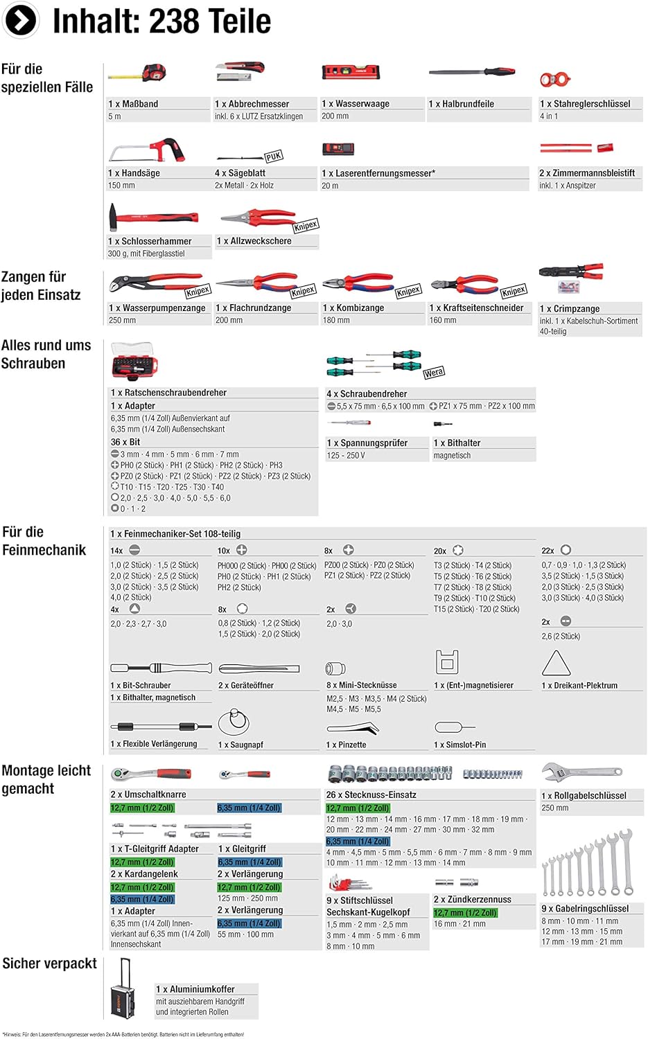 ⚒️ Bau & Montage – Meister Tool Trolley 238 Pieces – With Quality Tools from Knipex & Wera – Telescopic Handle / Professional Tool Box Filled / Tool Box Mobile on Wheels / Tool Box / 8973770 – Bild 4