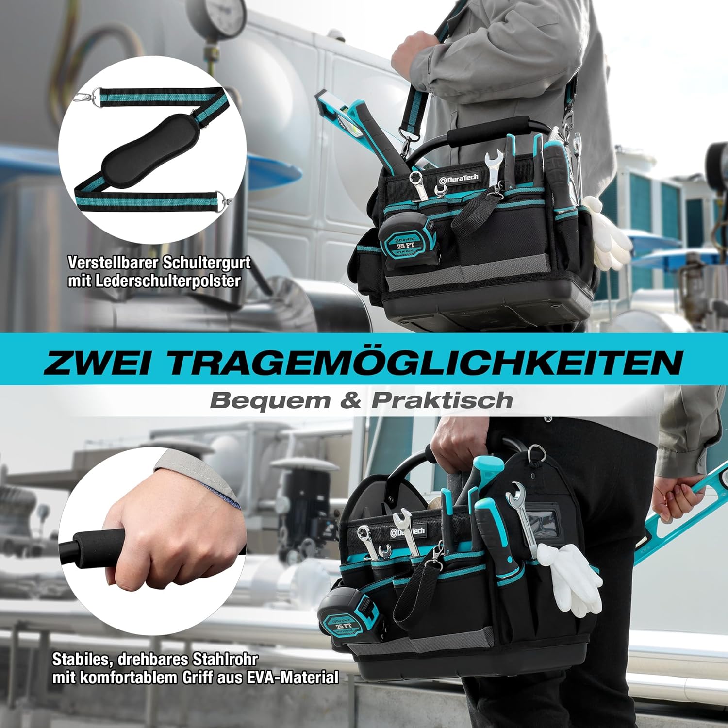 ⚡ Elektro & Technik – DURATECH Profi-Werkzeugtasche Elektriker, robuste Werkzeugtasche 30,5 cm mit wasserdichtem Boden und großer Öffnung, aus 900D-Polyester, großes Fassungsvermögen, mit Stahlrohr und verstellbarem Schultergurt – Bild 7