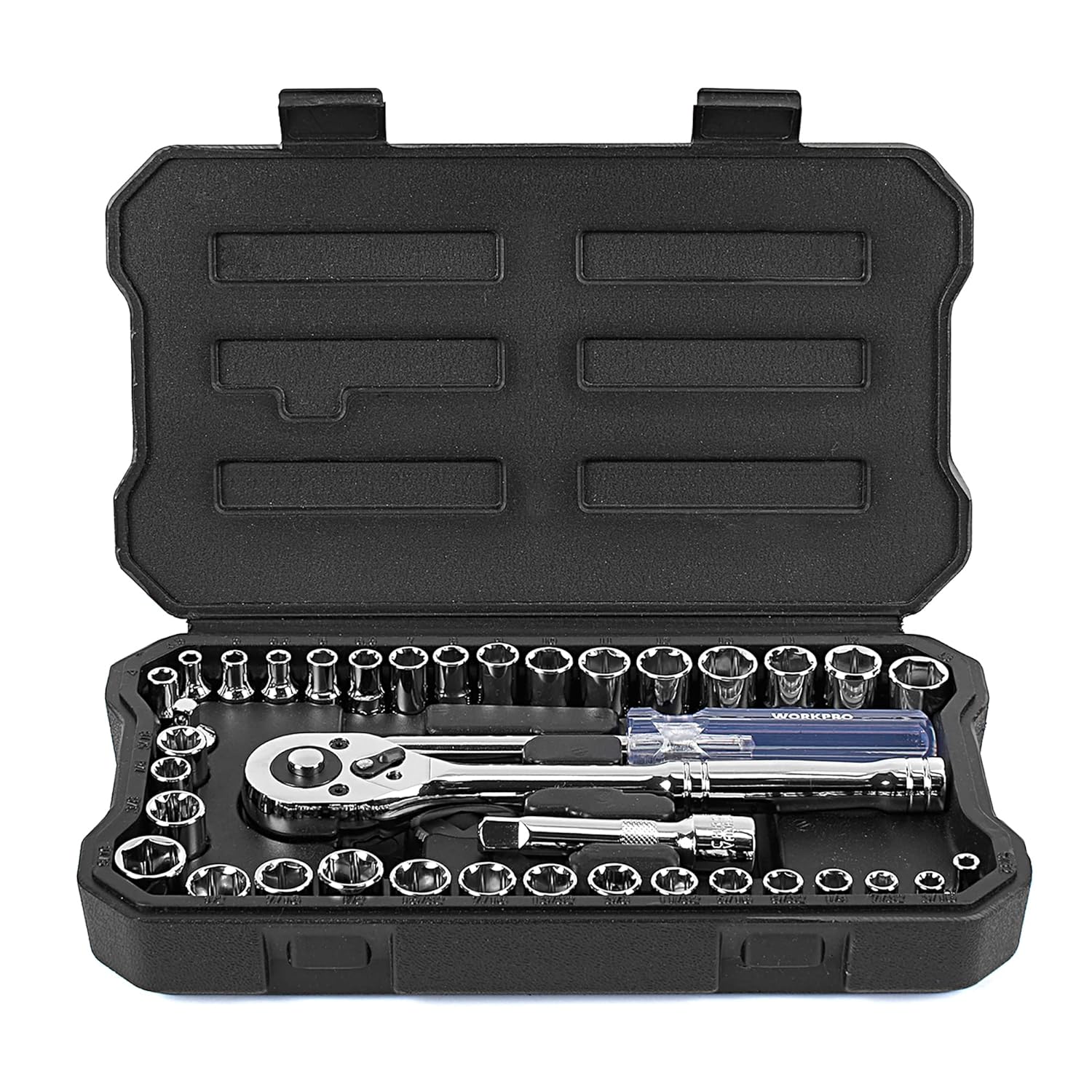 🚗 KFZ & Werkstatt – WORKPRO Socket Spanner Set 39 Pieces Reversible Ratchet 3/8 Inch Ratchet with Quick Release Function Cr-V Socket Spanner with Screwdriver Tool Box for Car