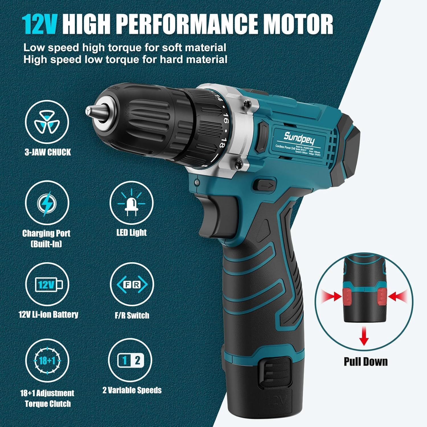 🔥 Angebote & Aktionen – Sundpey Tool Box Filled 206 Pieces, 12 V Cordless Screwdriver for Tightening / Loosening Screws, Household Tool Box Tool Case Tool Set for Household Repairs and DIY, Blue – Bild 3