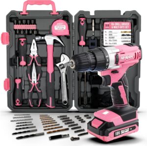 ⚒️ Bau & Montage – Hi-Spec Cordless Screwdriver Tool Box, Tool Set with Hand Tools. Tool Box Equipped with 18 V Cordless Drill. Pink Tool for Women for Drilling, Home Repairs and Creative Works.