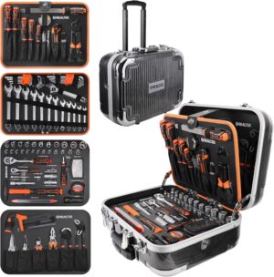 ⚒️ Bau & Montage – REALTEK Werkzeugkoffer 123-teiliges Werkzeugset mit Trolley-Funktion, Werkzeugkoffer mit Ratschenschlüssel, Hammer und anderem, Chrom-Vanadium-Stahl, Werkzeug im stabilen Aluminiumkoffer