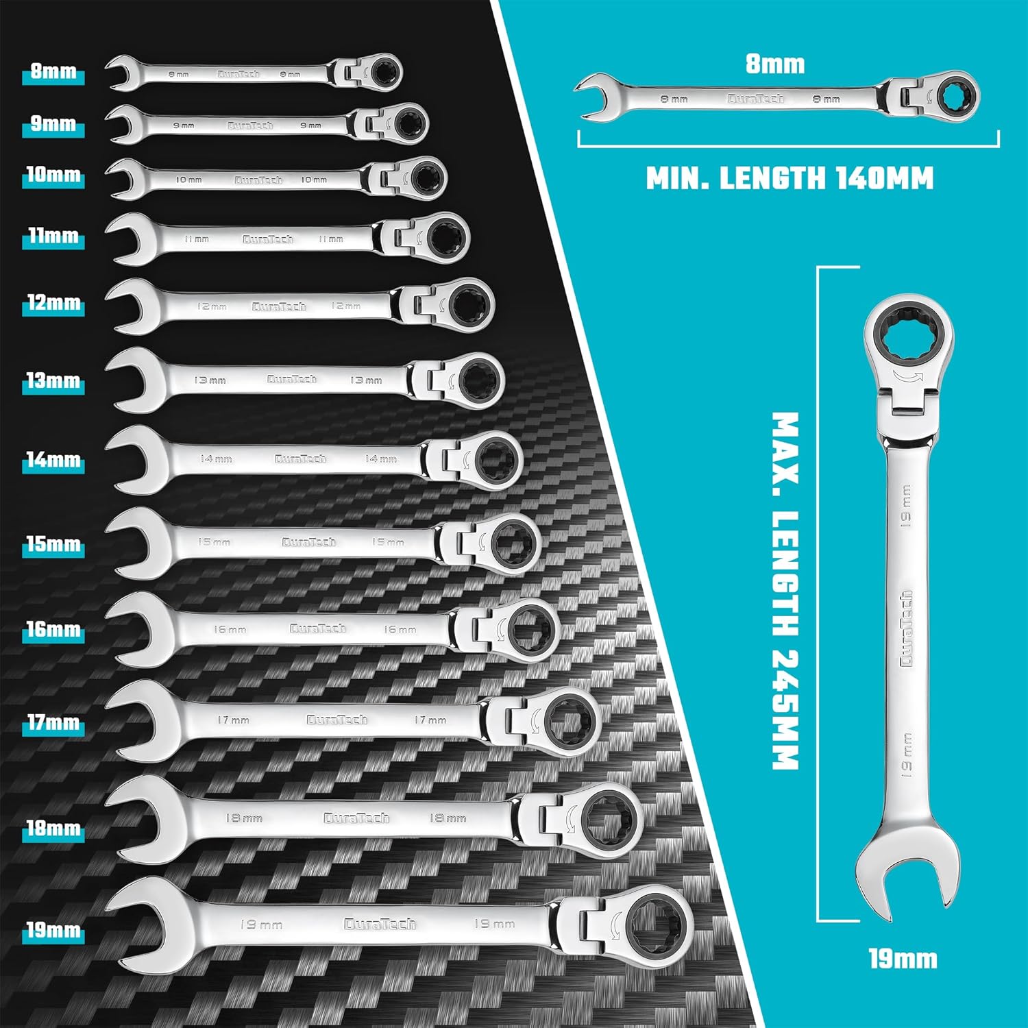 🚗 KFZ & Werkstatt – DURATECH 12-Piece Joint Ratchet Wrench Set, Open-End Spanner Combination Spanner Set with 72 Teeth, Metric, 8-19 mm, Cr-V Steel, Organised in Storage Case – Bild 6