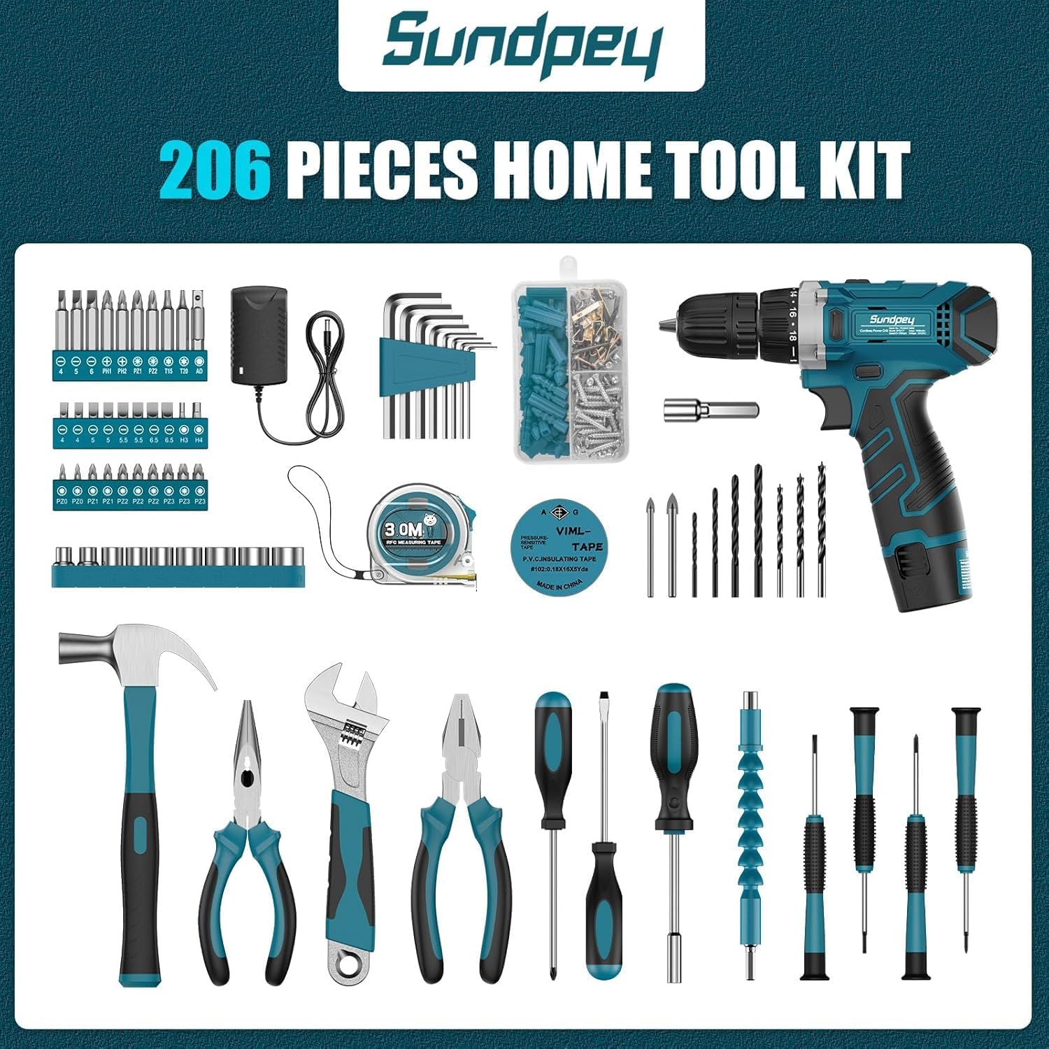 🔥 Angebote & Aktionen – Sundpey Tool Box Filled 206 Pieces, 12 V Cordless Screwdriver for Tightening / Loosening Screws, Household Tool Box Tool Case Tool Set for Household Repairs and DIY, Blue – Bild 2